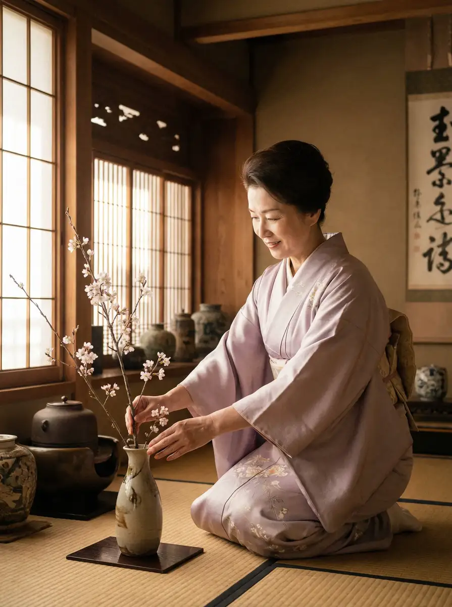 一位优雅的 金诗香 在和室中插花